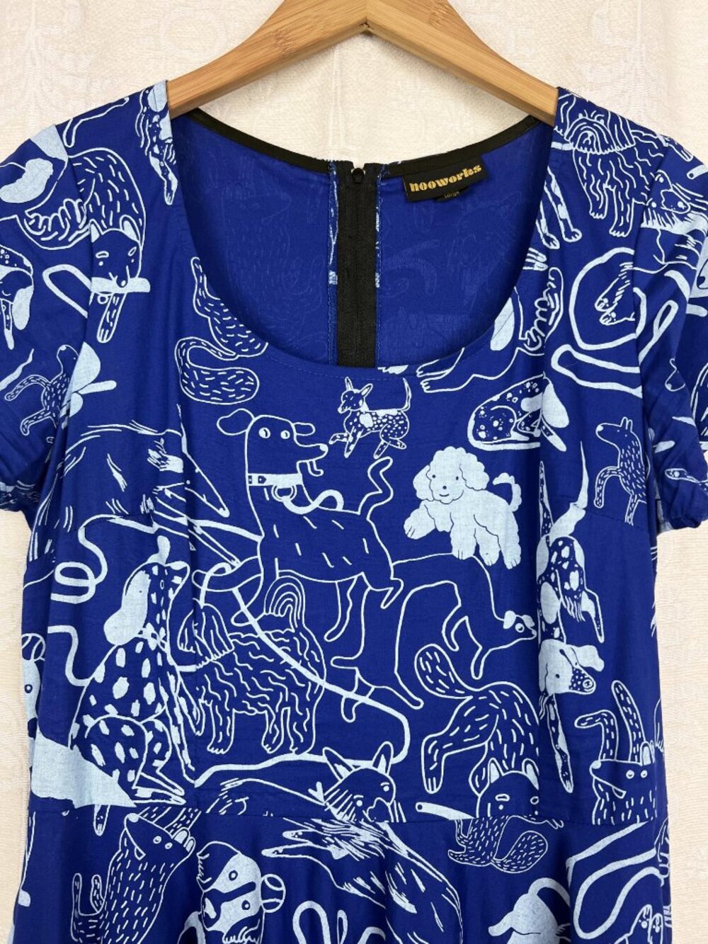 Nooworks Loretta Dress in Blue Dog Print fit & flare stretch cotton whimsy Large - Picture 2 of 11